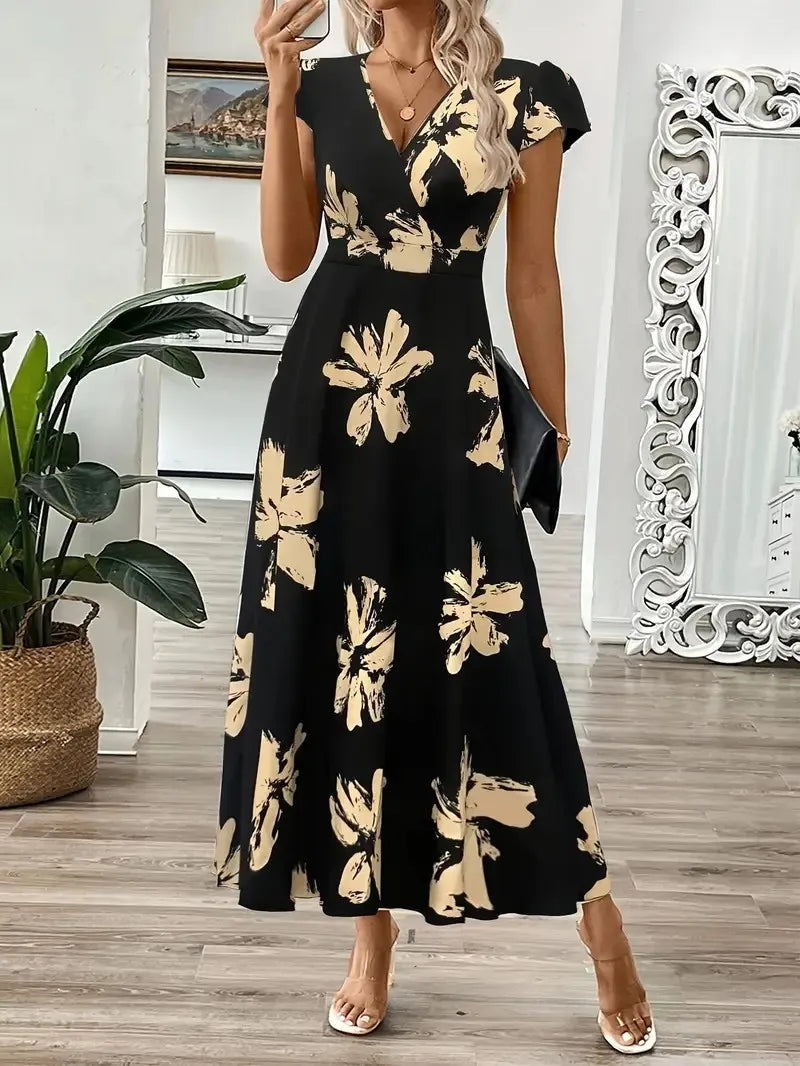 Fashionable Women's Black and Gold Floral Maxi Dress with V-Neck, Short Flared Sleeves, and Wrap Waist for an Elegant Casual Loo