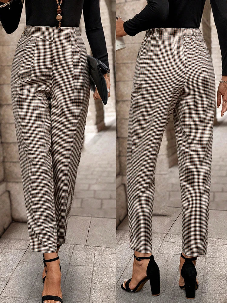 Simple Plaid Wide-Leg Pants, Loose, Vers...