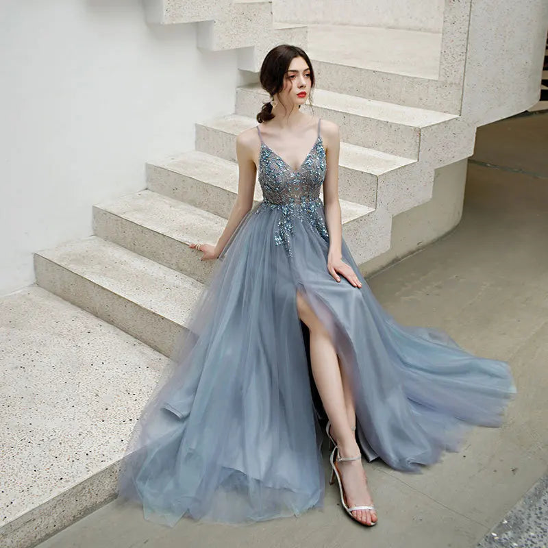 Sexy V-Neck Long Prom Dresses Beaded Beading Crystal High Splits Backless A-Line Formal Gown Party Dress