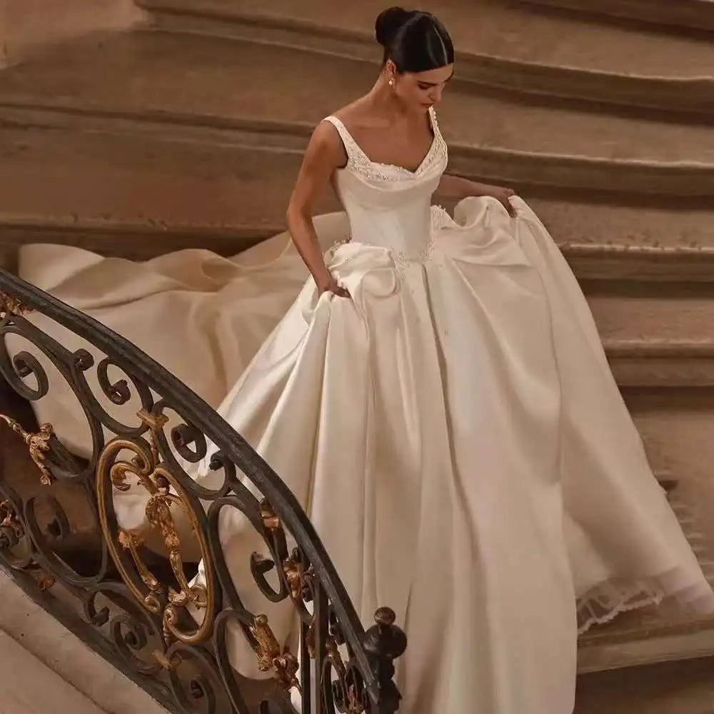 Pearls A-Line Wedding Dresses Straps Sweetheart Long Train Bridal Gowns Lace Up Back Customized 2025