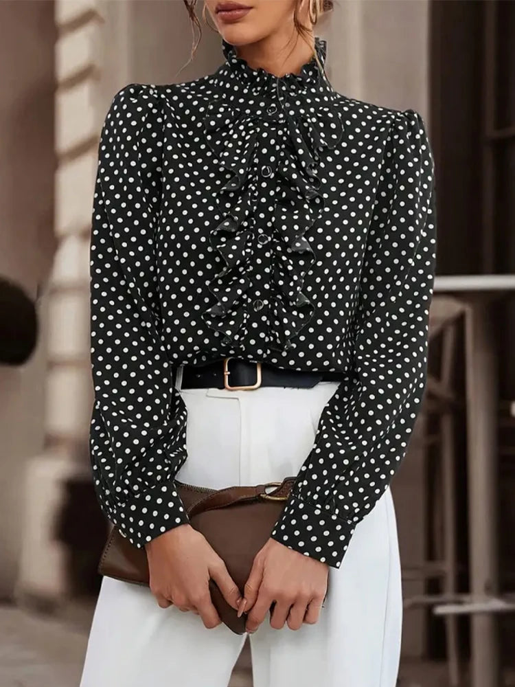 Fashionable Women's Polka Dot Print Puff Sleeve Shirt, Commuter Fashion Elegant Top