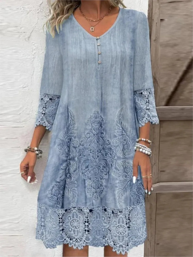 Vintage Solid Color Lace Dress Women Spring Summer Fashion V-neck Button Loose Casual Dresses Female 2026 Holiday Robe Femme