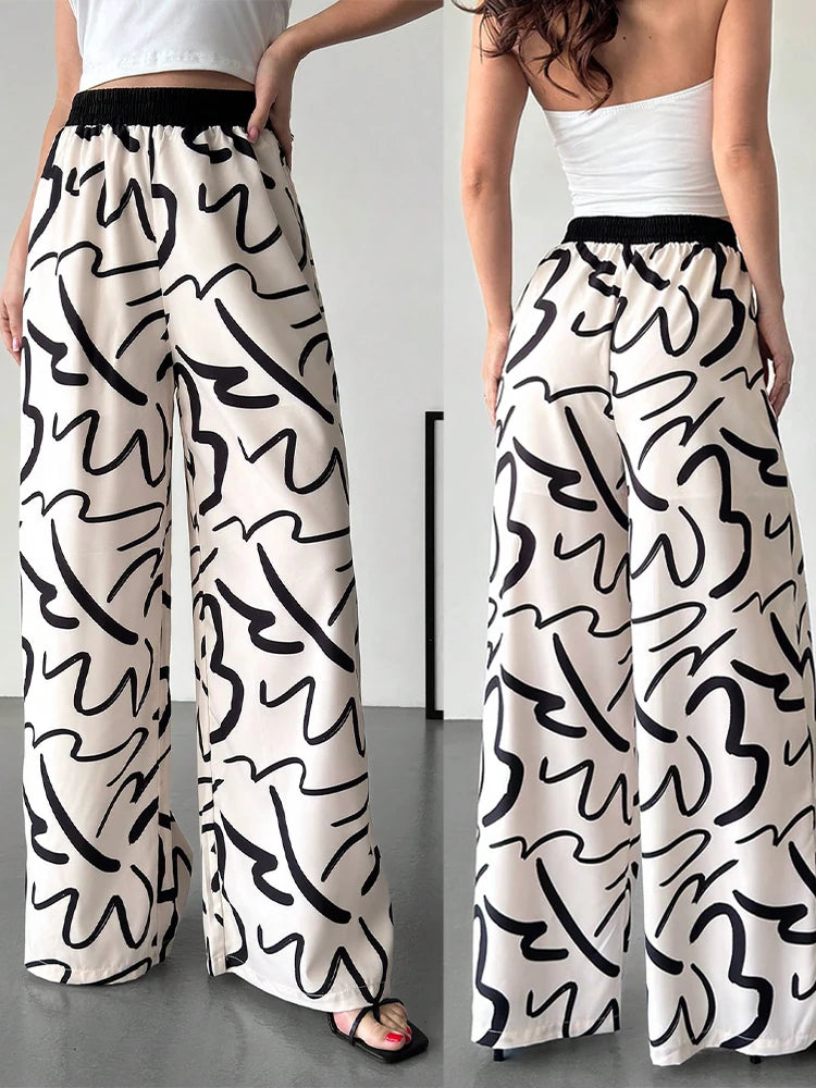 Women's color-block printed loose-fit high-waist wide-leg pants, suitable for commuting, casual wear, and vacations